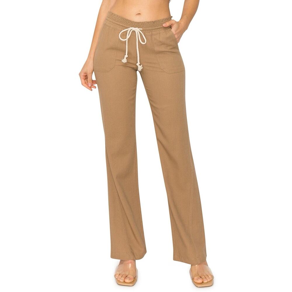 CALI 1850 Linen Beach Pants Brown Smocked Waist Drawstring Women's XL NEW NWT